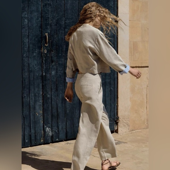 Zara Women XS Linen Blend Straight Trouser Beige HighWaist Classic - Picture 2 of 8